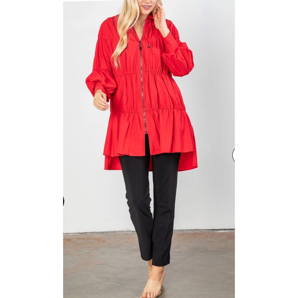 IC Collection Red Shirring Blouson Sleeve Jacket XL Tiered High Low Hem